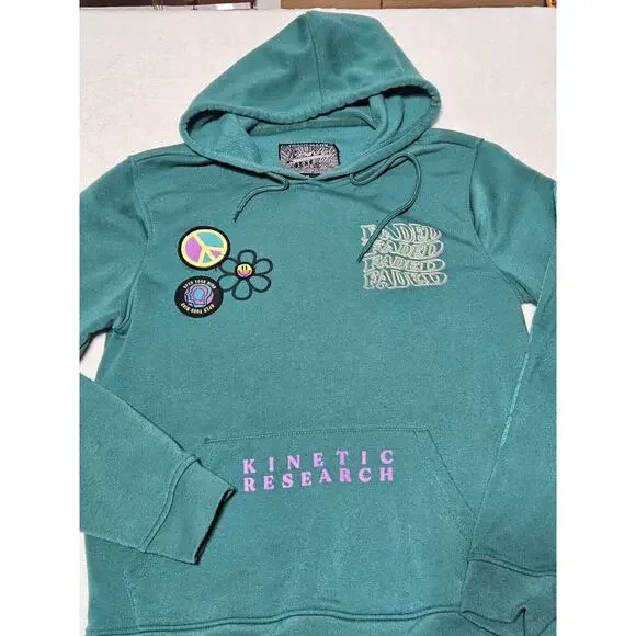 Brooklyn Sweater Women Med Kinetic Research Faded Hoodie Kangaroo Pockets Green - Picture 2 of 13